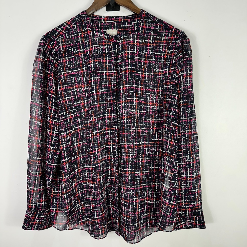 Chicos Button Up Top Womens 3 Black Abstract Artsy Print Statement‎ Office 16/18